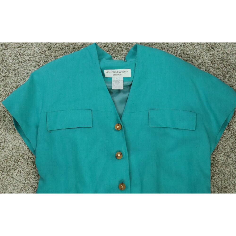 Vintage 90s Jones New York Dress LINEN Seafoam Green Mint Shift Wood Buttons 12 - Picture 2 of 7